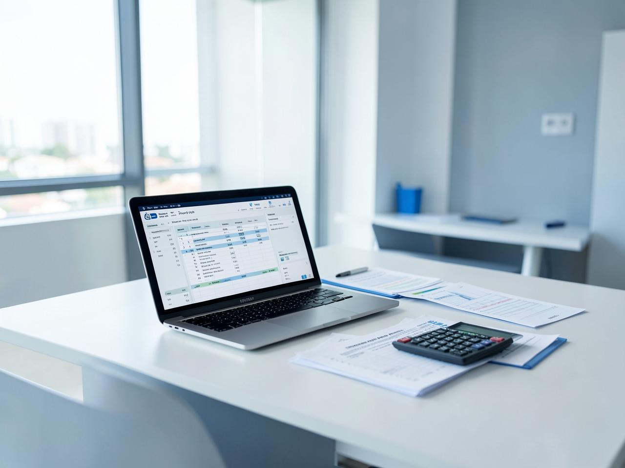 Mesa de escritório de contabilidade com notebook exibindo planilhas, documentos e calculadora